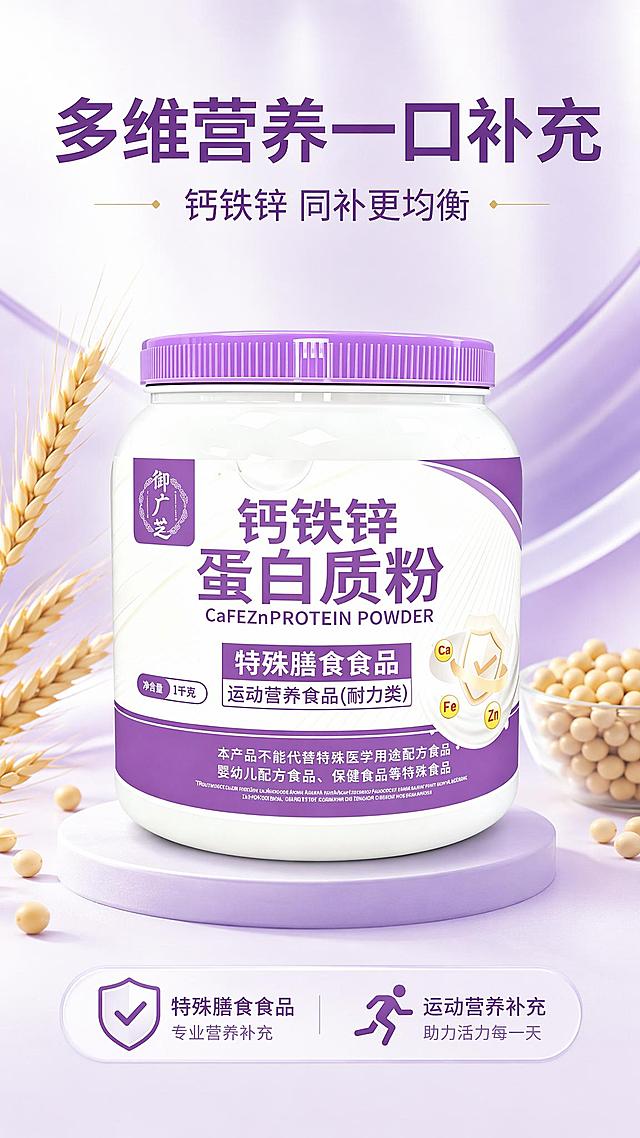 [第1屏] 详情页头图-柳广芝钙铁锌蛋白质粉商品宣传海报。本屏使用【图1】https://gdesign-dam-hz.dancf.com/37151729557816370/c62b817047b34a7a9e4d3637c89c61d7.png作为商品主体。
[氛围/风格] 清新浅紫高级感，温馨营养氛围感，商业摄影质感，柔和干净光影。
[元素布局] 产品居中放置，占比约65%-70%；顶部预留标题区，底部放置信息条，周围搭配小麦和大豆原料作为点缀装饰；产品瓶身结构、颜色、包装文字与输入产品图完全一致。
[光影质感] 顶部柔光照明，底部自然投影，瓶身保留清晰高光，整体明亮通透，细节清晰可见。
[配色色系] 全局底色 #F5F5FF；主色浅紫渐变+白色，辅助色金色元素点缀，深紫色文字。
[视角构图] 正面微仰视视角，产品为绝对视觉中心，阅读动线从上到下自然流畅。
[文字版式] 版式为顶部标题 + 中部产品 + 底部信息条。主标题「多维营养一口补充」，副标题「钙铁锌 同补更均衡」，加粗深紫色居中对齐；底部标注「特殊膳食食品 运动营养补充」信息条；文字不遮挡产品主体，字号适配移动端清晰可读。
[比例分辨率] 9:16 竖版比例，宽度1080px，高度1920px，4K分辨率，文字清晰可辨，高清画质。
[负向提示词] 瓶身变形，缺件错件，颜色偏差，水印，文字错乱，产品图模糊，文字过小，结构错误