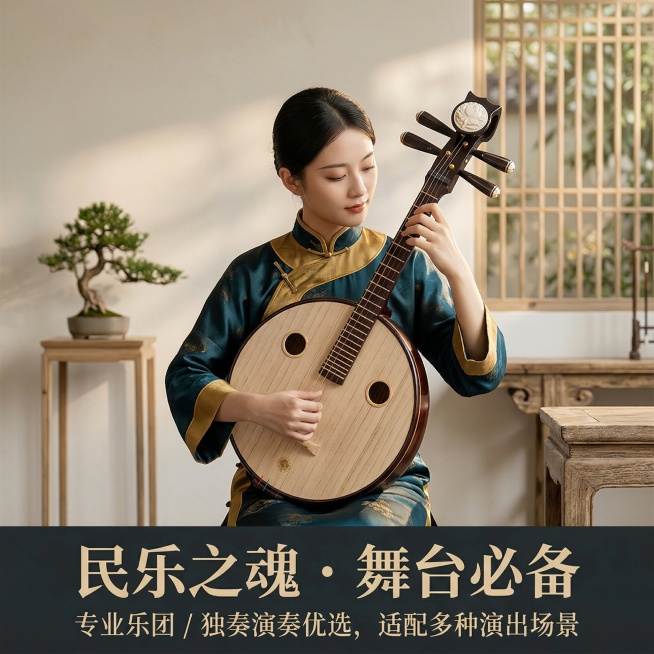 1:1竖版电商主图，新中式极简国风风格，严格还原月琴产品形态，画面展示身着中式服饰的民乐演奏者，气质贴合国风，手持月琴演奏的场景，背景为简约中式书房古风庭院一角，营造雅致演奏氛围。画面下方添加文字，主预览效果