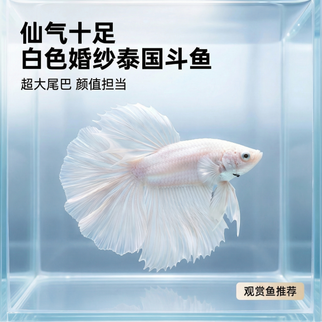 [主图 1] 白色婚纱半月泰国斗鱼产品首图，真实水族观赏鱼展示，风格清新仙气。产品斗鱼保留原图外观，居中展示，干净浅蓝色渐变背景，清澈水质环境，柔和自然光影，凸显超大飘逸白尾。文案：“仙气十足 白色婚预览效果