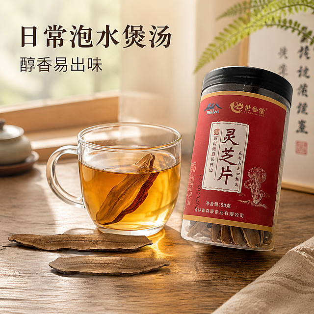 [主图-4] 泡水食用场景，1:1原木桌面，玻璃养生杯冲泡灵芝水，琥珀色透亮茶汤，杯边摆放干灵芝片与产品罐体，窗边柔光居家养生场景，中式养生风格。保持产品罐体外观与输入原图一致，灵芝片形态纹理与参考图一致，杜绝变形色差。整体布置：原木纹理桌面，玻璃养生杯放在画面中心，灵芝罐斜靠在杯右侧，两到三片干灵芝片散放在桌面空位，窗边柔光透入，营造温馨自然养生氛围。商品主体占比约70%，画面层次清晰，近景产品清晰，背景略微虚化。主光为窗边柔光，侧光温暖通透，茶汤呈现琥珀光泽，整体光影柔和自然。主色调原木浅棕+米白，暖调温馨氛围。平视生活化视角，场景自然不刻意。画面左上角左对齐放置文案：大字"日常泡水煲汤"，小字"醇香易出味"，深棕字体清晰可读，不遮挡主体产品。1:1比例，800×800px，分辨率2K，文字清晰可辨，超高清。负向提示词：变形，水印，文字错乱，产品图模糊，背景杂乱。