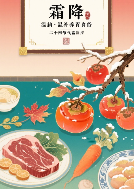 国潮插画风格，二十四节气霜降饮食指南海报，画面主体是柿子、牛肉、萝卜等霜降传统食物，搭配霜叶、红柿树、初霜等霜降节气元素，顶部有文字"霜降·温补养胃食俗"，整体色调温暖浓烈，传统国风配色，适合上墙展示预览效果