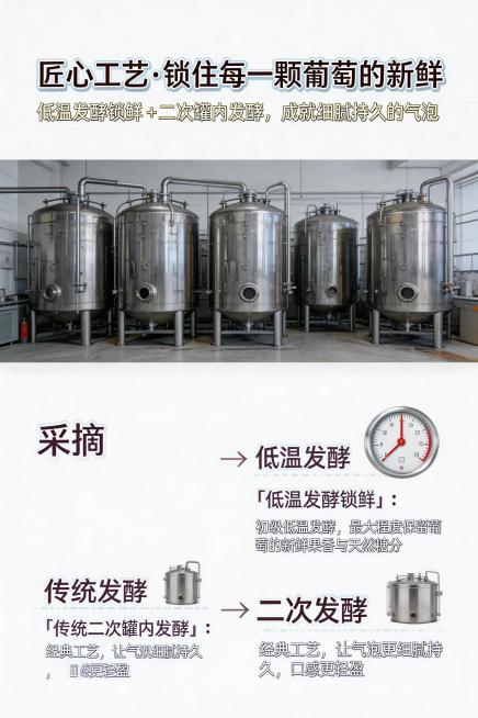 原料工艺页：主标题“匠心工艺・锁住每一颗葡萄的新鲜”加粗，副标题“低温发酵锁鲜 + 二次罐内发酵，成就细腻持久的气泡”浅金色；上下分栏，上半部分为发酵罐实景图，背景浅灰色；下半部分文字区域，时间线式排预览效果