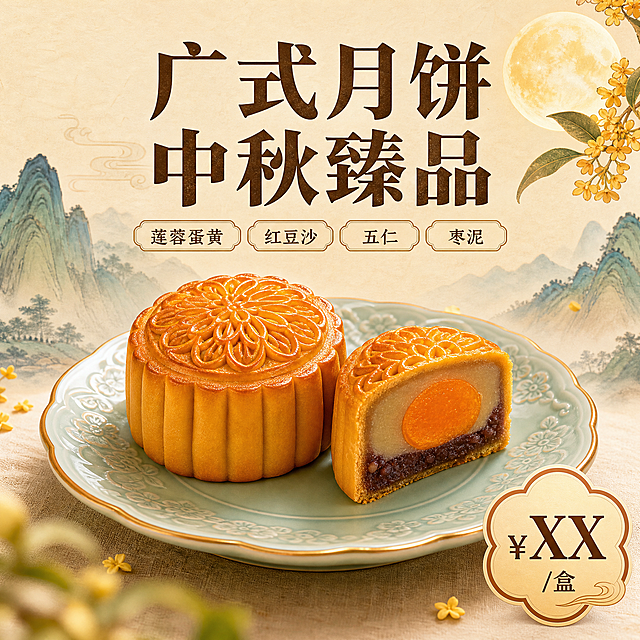 [主图-2] 广式月饼国风雅致展示。
[统一基调] 国内电商食品类中秋主图，暖黄暖橙米金为主色调，温馨喜庆中秋节日氛围，高清商业美食摄影风格，自然暖阳逆光突出食物通透感与色泽，标题用粗笔刷书法字/厚重宋体，字色深棕+暖金强调，辅助文案细宋体，整体8K高清细腻写实。
[画面] 产品居中构图，主体为广式月饼，完整雕花月饼与对半切开月饼并置，切面清晰展示莲蓉蛋黄豆沙内馅层次。月饼摆放在浅青中式瓷盘上，瓷盘有精致花纹。画面上方放置大标题文字，搭配口味标签，右下角放置花瓣形价格促销标签。背景是浅米色宣纸肌理底，国风淡彩青绿山水纹样和祥云线条，右上角搭配桂花枝与朦胧圆月元素，中式传统中秋意境。主体占比约55%。
[光影质感] 柔和自然暖光，月饼呈现金黄烤泽，表皮雕花纹理清晰细腻，内馅油润绵密，瓷盘青釉温润光泽，背景山水朦胧雅致，景深柔和突出主体，商业美食摄影质感。
[配色] 米黄底色为主，金黄月饼，青绿山水点缀，暖调国风配色，整体干净雅致。
[文字版式] 画面上方大标题广式月饼 中秋臻品深棕色粗体厚重宋体。口味标签：莲蓉蛋黄 红豆沙 五仁 枣泥。右下角花瓣形价格标签：¥XX/盒。文字放在负空间不遮挡月饼主体，国风雅致排版。
[输出要求] 比例1:1 2048px*2048px，8K高清，文字清晰可读，产品清晰完整，国风雅致。负向：变形 错字 模糊 杂乱 水印 平台Logo 悬浮 穿模 冷光。