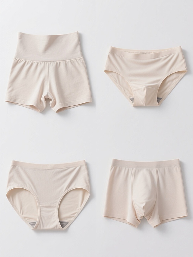 一组四件不同款式女性内裤的产品展示图，每件内裤保持相同的简约纯色设计风格，采用柔和的浅色系色调，具有细腻的面料质感和自然的褶皱光影效果，整体画面为纯白色背景，四件内裤以规整的2x2网格形式排布，每件内裤展示不同的款式细节（如高腰款、低腰款、三角款、平角款），保持一致的产品拍摄角度和专业的电商产品图视觉呈现，无任何文字、logo及装饰元素。