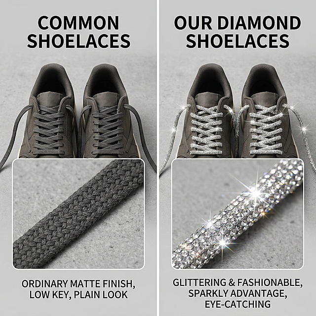 Detail comparison show of Rhinestone round tube shoelaces, compare common shoelaces and our diamond shoelaces, highlight the sparkling fashion advantage of our product, the left side is ordinary matte shoelaces, the right side is sparkling diamond shoelaces from the original picture, with English text contrast description, clear contrast, fashion style, high definition, 2k resolution
