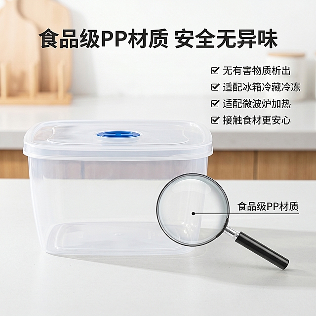 [主图 2] 食品级PP材质安全性展示金得丽保鲜盒。
[氛围风格] 清新实用风，真实生活化场景感，干净通透；
[画质] 商业摄影质感、光线柔和通透、产品清晰真实、画面干净高级。
[元素] 金得丽方形保鲜盒侧放，侧逆光拍摄突出材质清透感，放大展示透明PP盒身细节，旁边放置放大镜放大盒身材质细节区域，标注"食品级PP材质"。保持产品外观（物理结构、材质质感、颜色）与输入产品图绝对一致，杜绝任何变形和色差，精细化处理。商品主体占比严格控制在70%左右，画面满屏无边框。
[光影] 侧逆光，突出透明材质的通透感，材质清透感突出，整体干净明亮。
[配色] 背景使用纯净浅灰白色调，主色产品透明+蓝色排气阀，干净简洁；文字深色确保清晰。
[视角构图] 平视侧光视角，产品主体居中，景深适中突出细节。
[文字版式] 顶部大标题居中「食品级PP材质 安全无异味」，最大号粗体；左侧产品主体，右侧三点垂直排列说明文字：「✅ 无有害物质析出」「✅ 适配冰箱冷藏冷冻」「✅ 适配微波炉加热」「✅ 接触食材更安心」，文字大小对比清晰，左对齐清晰易读，保证不遮挡产品主体。
[比例分辨率] 1:1比例，2k分辨率；文字清晰锐利，画面超高清。
[负向提示词] 变形，水印，文字错乱，产品图模糊，背景杂乱，配色刺眼，遮挡主体