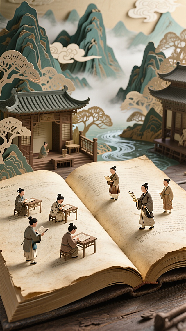 巨型泛黄书页平铺打开，上面是立体的古代学堂剪纸，背景是立体国风山水剪纸。