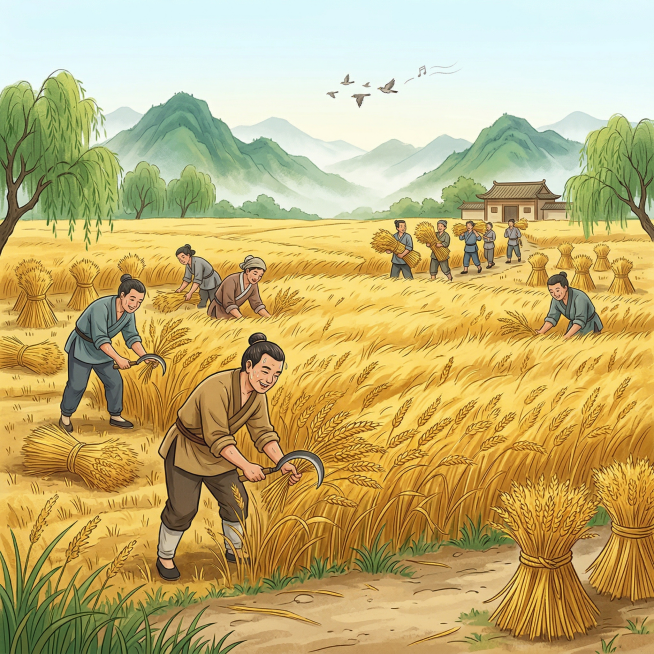 参考上传图片的新中式国潮插画风格，画面展现芒种麦收丰收景象：风吹麦浪，满目金黄，麦穗沉甸甸随风起伏如波涛。农人挥镰收割，汗珠滑落，脸上满是丰收的喜悦。麦捆成垛散落田间，收获的希望已化作满仓新粮。远山苍预览效果