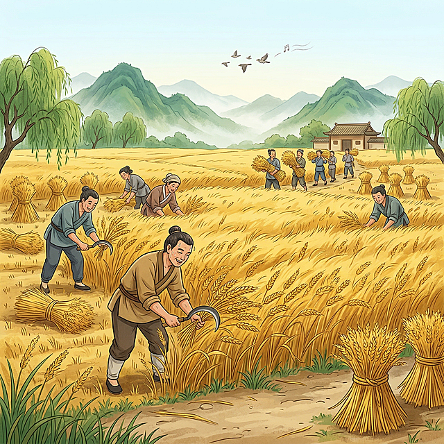参考上传图片的新中式国潮插画风格，画面展现芒种麦收丰收景象：风吹麦浪，满目金黄，麦穗沉甸甸随风起伏如波涛。农人挥镰收割，汗珠滑落，脸上满是丰收的喜悦。麦捆成垛散落田间，收获的希望已化作满仓新粮。远山苍翠，天色澄明，布谷声悠远。采用没骨法渲染麦浪的翻涌与麦穗的饱满质感，整体以藤黄、赭石为主色调，点缀石绿色，丰收氛围浓厚，国风感强烈