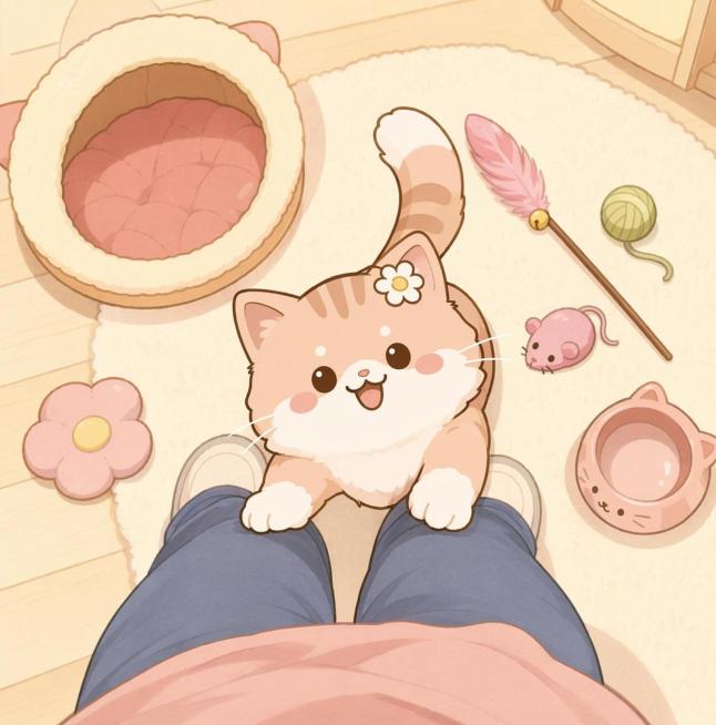 第一人称视角卡通插画，风格参考参考图，猫咪站起来扒在女主人腿上伸懒腰，女主人保持站立，猫咪开心看着女主人，旁边摆放着猫咪玩具、猫碗和猫窝，色彩柔和温馨，整体为第一视角，不添加任何文字预览效果