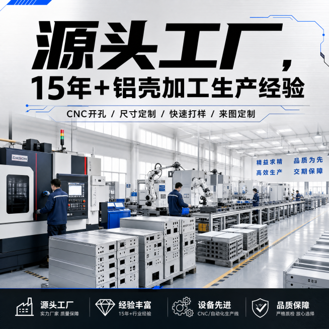 展示工厂生产实力，CNC开孔加工设备和生产线，配文字"源头工厂，15年+铝壳加工生产经验"，工厂实力风，1:1构图，1688平台工业风预览效果