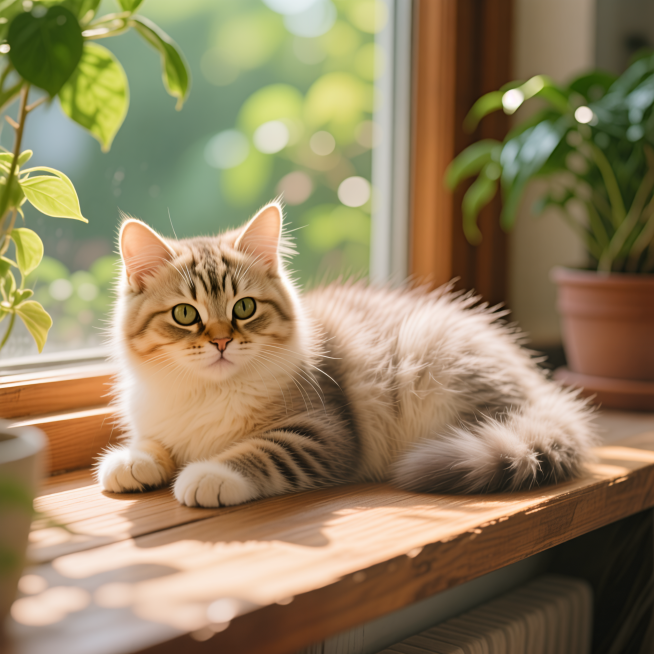 一只可爱的小猫，绒毛蓬松柔软，神态慵懒惬意，趴在铺满阳光的木质窗台，背景是温暖的绿植，整体氛围治愈温馨，高清写实风格，画面自然生动预览效果