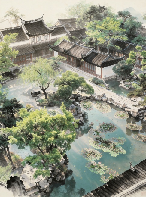 参考图2的江南园林格局，保持图1江南苏式园林的布局结构不变，改为游戏写实水墨风格，超高分辨率，画面清晰无噪点，色彩过渡自然，细节丰富，层次感强，构图严谨，比例协调，视觉平衡预览效果