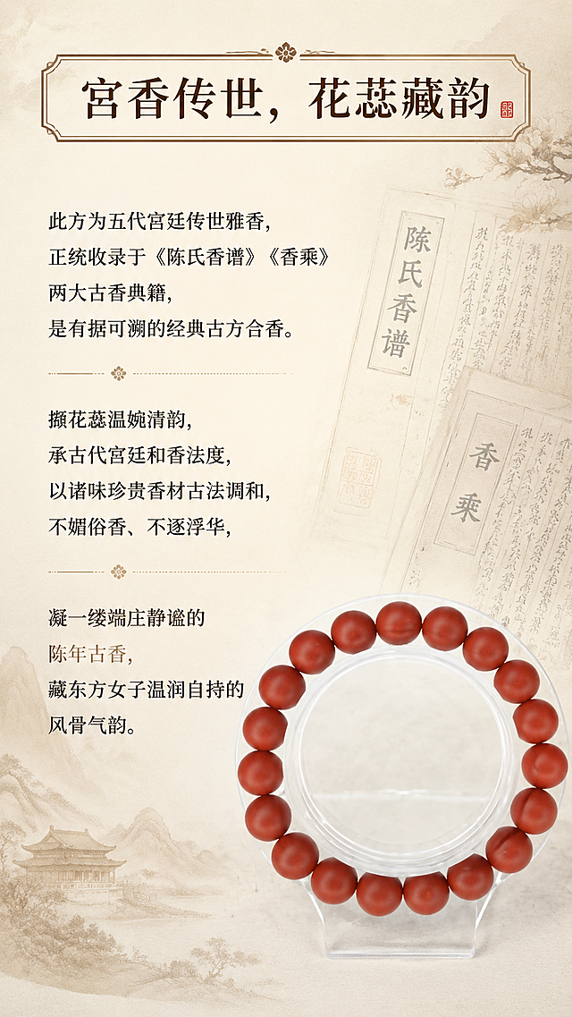 [第2屏] 品名溯源-花蕊夫人古法宫廷合香珠品牌文化页，本屏使用【图2】作为商品展示。
[氛围/风格] 雅致国风，古籍书卷质感，古朴沉静氛围，文化底蕴感。
[元素布局] 页面顶部放置板块标题，产品手串放置右下侧展示，左侧搭配半透明古籍底纹，《陈氏香谱》《香乘》文字装饰点缀，保留产品红棕色圆形串珠的外观特征。
[光影质感] 均匀柔和漫射光，无强烈阴影，文字和产品都清晰明亮。
[配色色系] 全局底色 #F5F0E6，主色浅米棕，辅助色深棕文字、赭石产品色。
[视角构图] 图文左右排版，文字左上产品右下，对称平稳构图。
[文字版式] 板块标题「宫香传世，花蕊藏韵」放顶部，正文文案「此方为五代宫廷传世雅香，正统收录于《陈氏香谱》《香乘》两大古香典籍，是有据可溯的经典古方合香。撷花蕊温婉清韵，承古代宫廷和香法度，以诸味珍贵香材古法调和，不媚俗香、不逐浮华，凝一缕端庄静谧的陈年古香，藏东方女子温润自持的风骨气韵。」分段清晰，字体清晰适配移动端阅读，不遮挡产品主体。
[比例分辨率] 9:16竖版比例，4K分辨率，文字清晰可辨，高清画质。
[负向提示词] 商品变形，文字挤在一起，文字过小，颜色偏差，水印，错乱排版