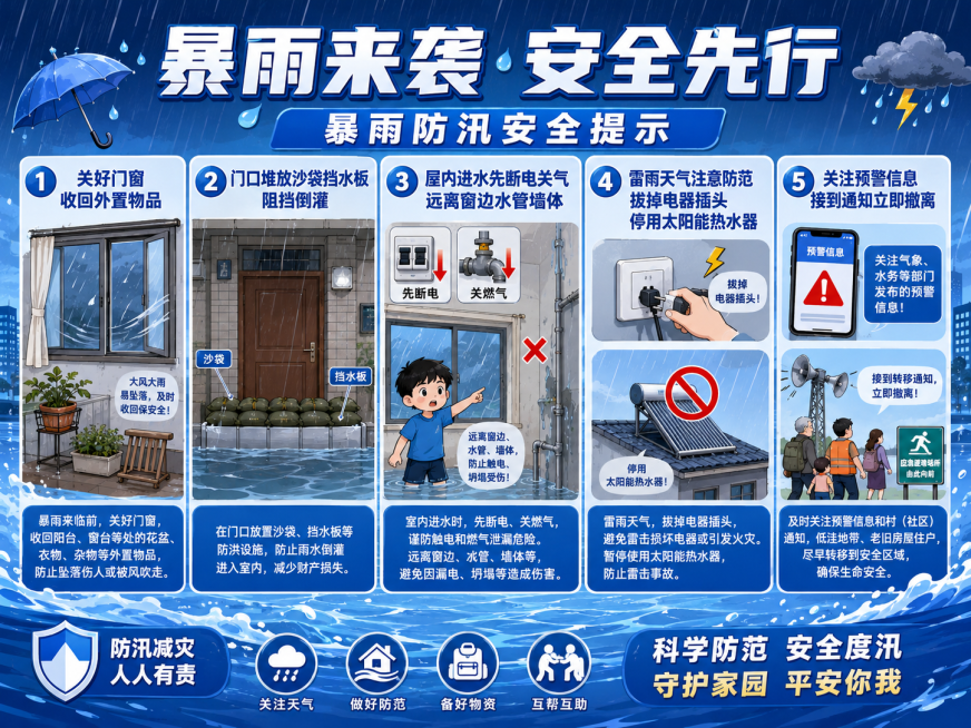 设计一张暴雨防汛安全提示宣传图，主色调为蓝色，清晰展示以下安全要点：关好门窗收回外置物品，门口堆放沙袋挡水板阻挡倒灌；屋内进水先断电关气，远离窗边水管墙体；雷雨拔掉电器插头停用太阳能热水器，低洼老旧住预览效果