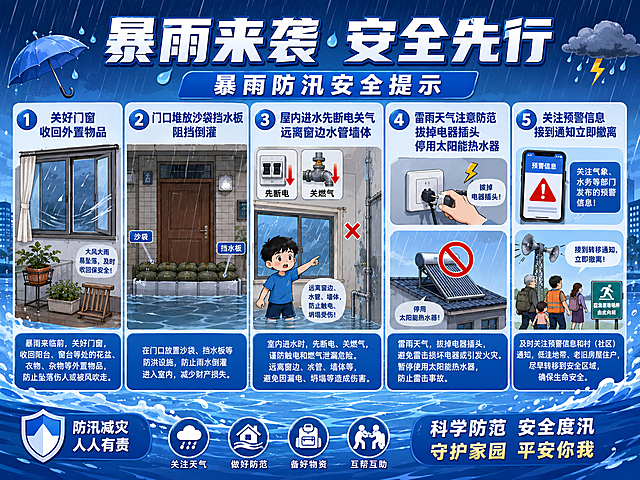设计一张暴雨防汛安全提示宣传图，主色调为蓝色，清晰展示以下安全要点：关好门窗收回外置物品，门口堆放沙袋挡水板阻挡倒灌；屋内进水先断电关气，远离窗边水管墙体；雷雨拔掉电器插头停用太阳能热水器，低洼老旧住户尽早转移；关注预警接到通知立即撤离，整体设计有创意，文字可读性强