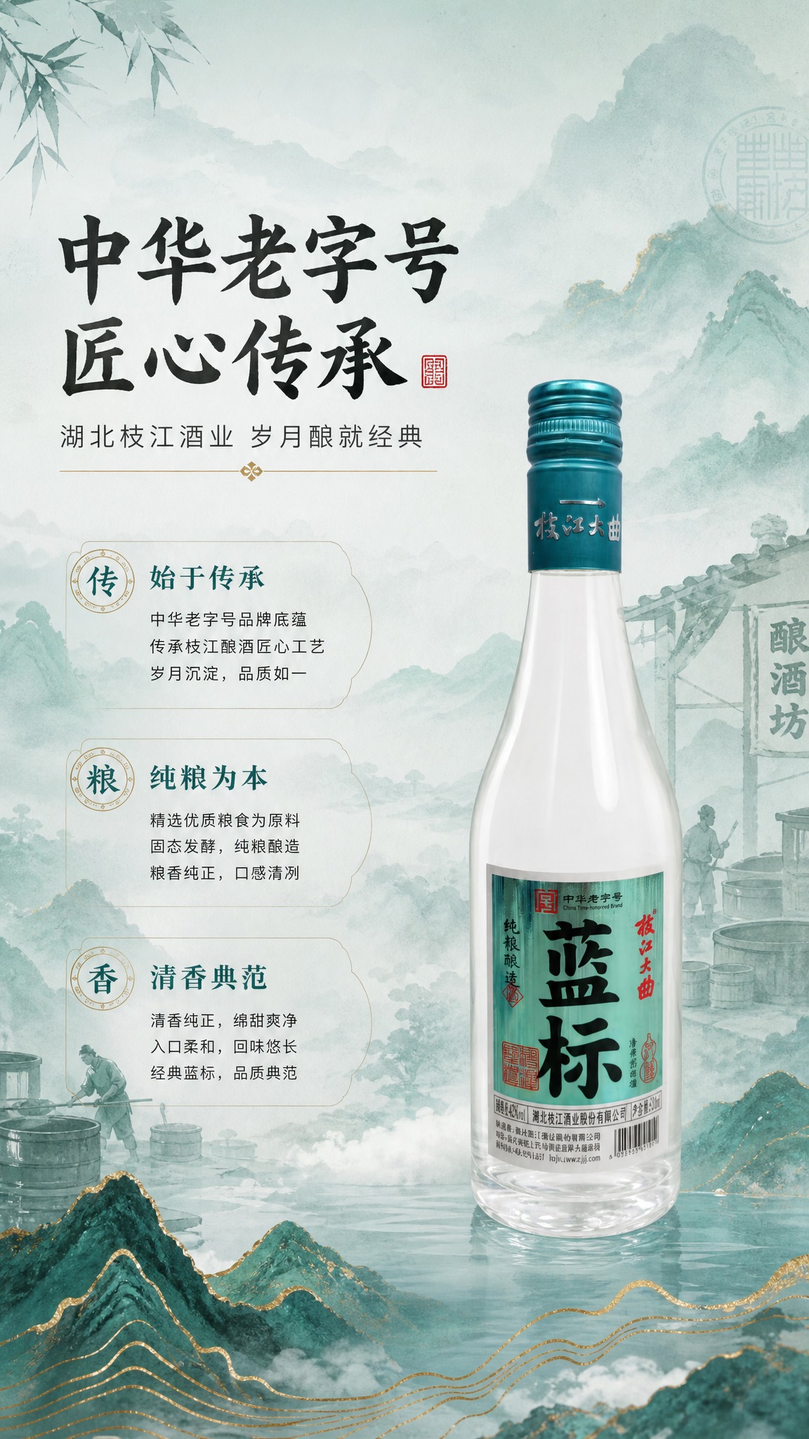 [商品] 使用【图1】枝江大曲蓝标白酒瓶；保留瓶身所有结构、颜… - 图片创意预览