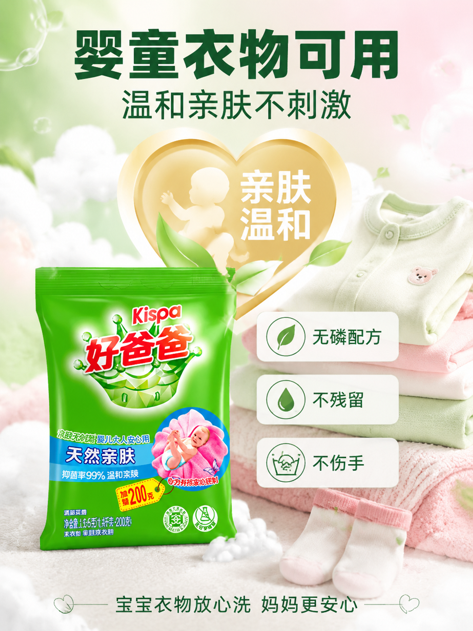 [主图-3] 好爸爸洗衣粉婴童可用安全品质图，温和亲肤证明。… - 图片创意预览