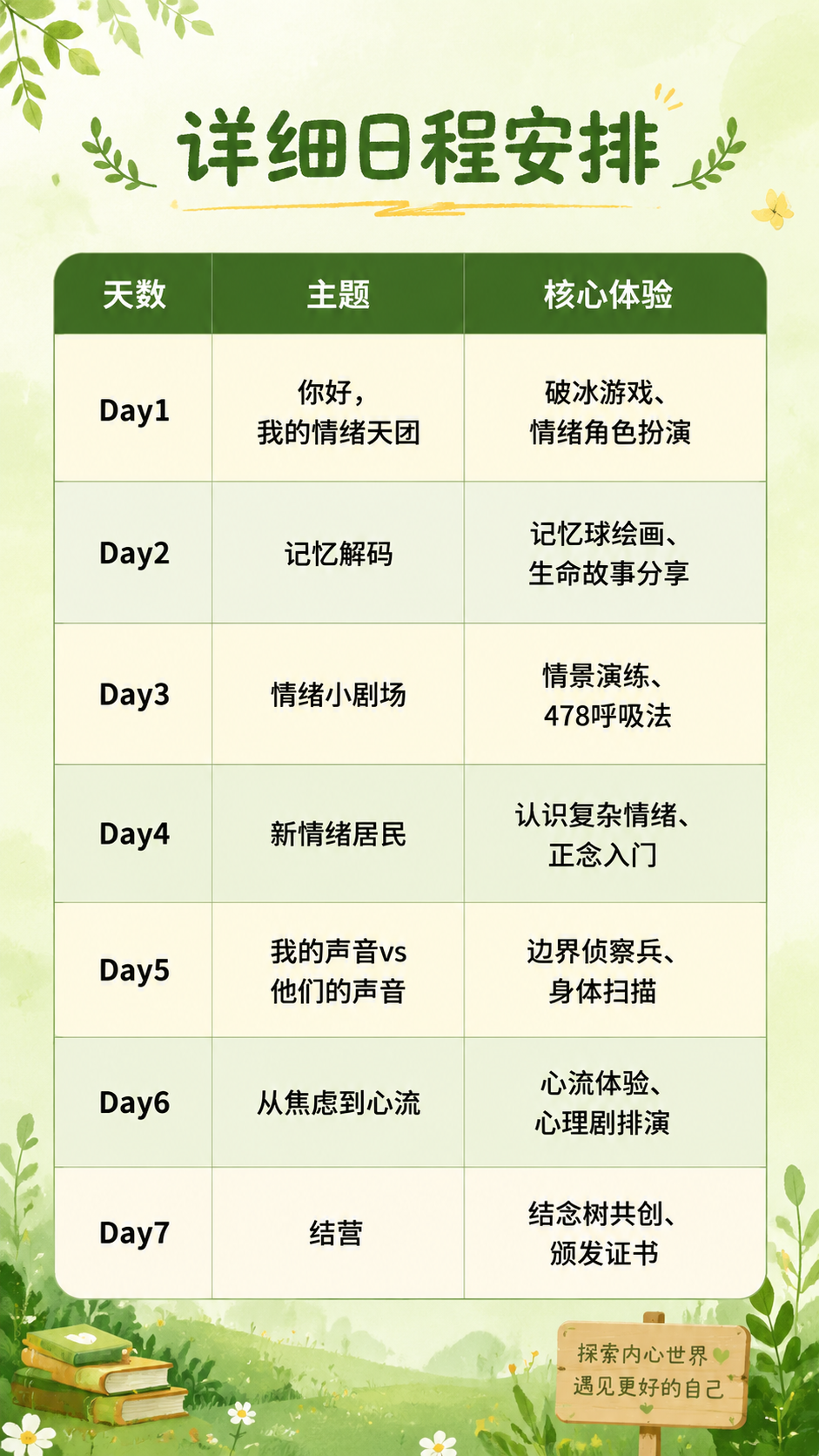 [第5屏] 详细日程安排课程表详情图。 [氛围/风格] 温暖治… - 图片创意预览