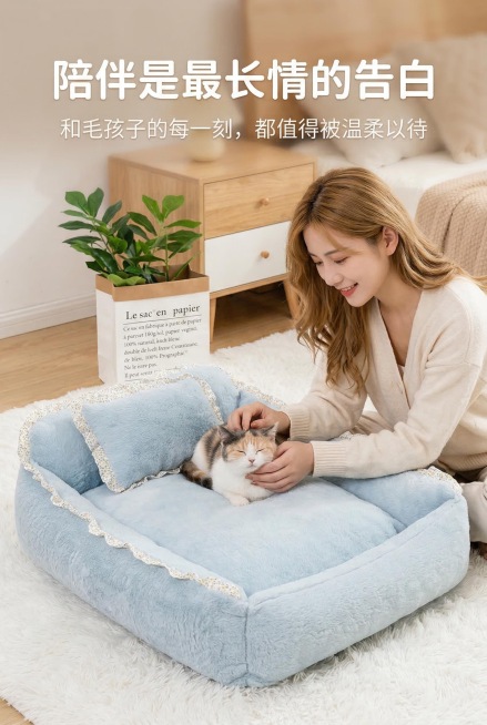 2:3 竖屏，严格还原上传的产品图，包括包装设计、颜色、LOGO 位置、文字内容、图案元素等所有细节，产品尺寸比例保持 1:1。轻奢温馨风，场景为 90 后 / 00 后年轻女性与萌宠互动，女生温柔抚预览效果