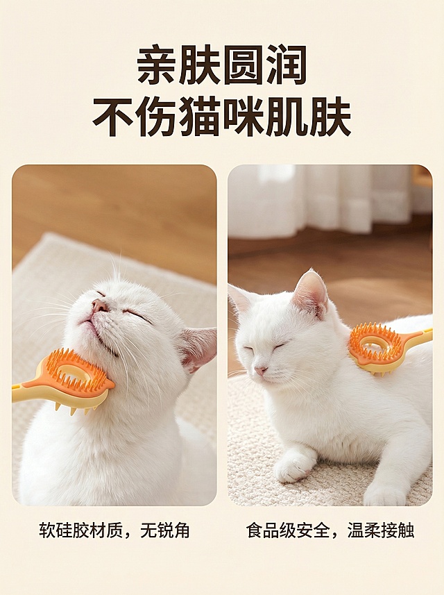 [详情页第三屏 3:4] 安全说明强调不伤肤，温馨奶油风，暖调明亮场景。主标题「亲肤圆润 不伤猫咪肌肤」，搭配两张猫咪使用实拍图，一张展示挠下巴，一张展示挠后背，猫咪均表现出享受状态，文字简洁说明产品材质安全，无锐角，温柔接触猫咪皮肤，整体风格温馨自然，符合用户需求。