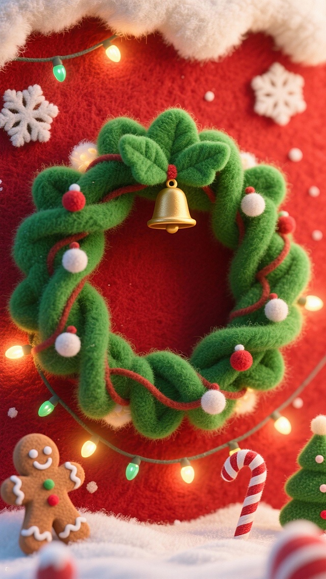 特写的绿色圣诞花环，有铃铛装饰。周围环绕姜饼人、拐杖糖、迷你彩灯。红色背景，边缘以毛绒雪花边环绕。