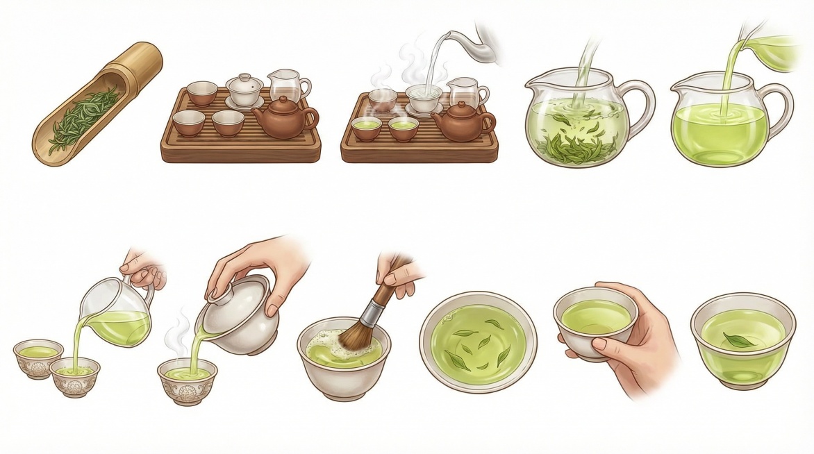 帮我生成图片：生成卡通治愈系风格参考图一的“绿茶泡茶”茶道步骤，风格 参考图1，画面精细细节多多茶具要精致绘画细节要丰富大师作品，不要出现任何人物和文字、边框，包括准备茶叶、准备茶具、烫洗茶具，第一次预览效果
