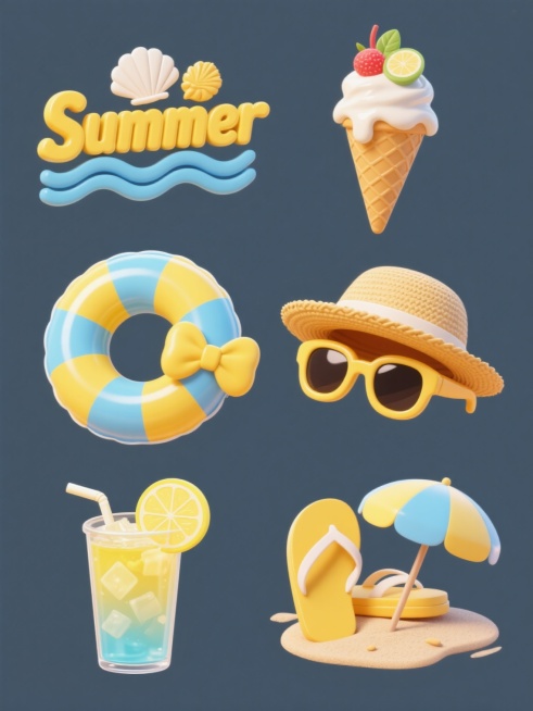 一组6个完全不同造型的立体风格Summer元素系列素材集合，规整排布在纯色背景上。每个元素均采用明亮的黄色和蓝色渐变，具有光滑的3D质感和轻微的阴影效果。元素包括：1. 波浪形字母组成的"Summer"字样，带有贝壳装饰；2. 立体冰淇淋甜筒，顶部有融化的奶油和水果；3. 充气游泳圈，带有条纹图案和蝴蝶结；4. 太阳镜和草帽的组合图标；5. 冰镇饮料杯，带有吸管和柠檬片；6. 沙滩拖鞋和遮阳伞……预览效果