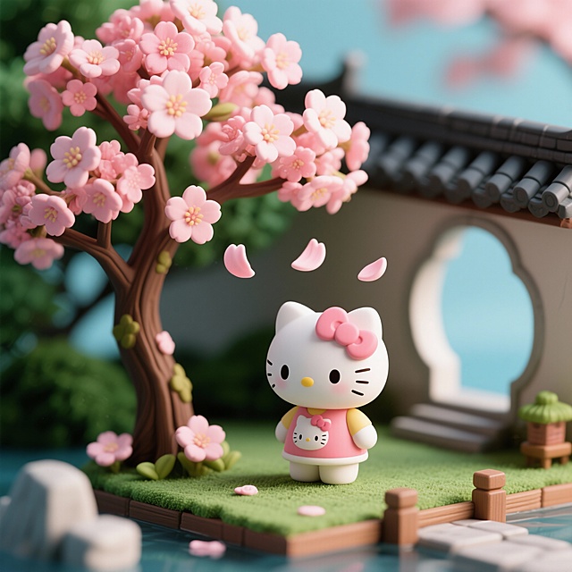 全身由HelloKitty元素构成的角色，融合桃花树与三四片飘落的桃花，微观缩影风格，清新明亮色调，背景虚化处理，具有景深效果，古风场景
