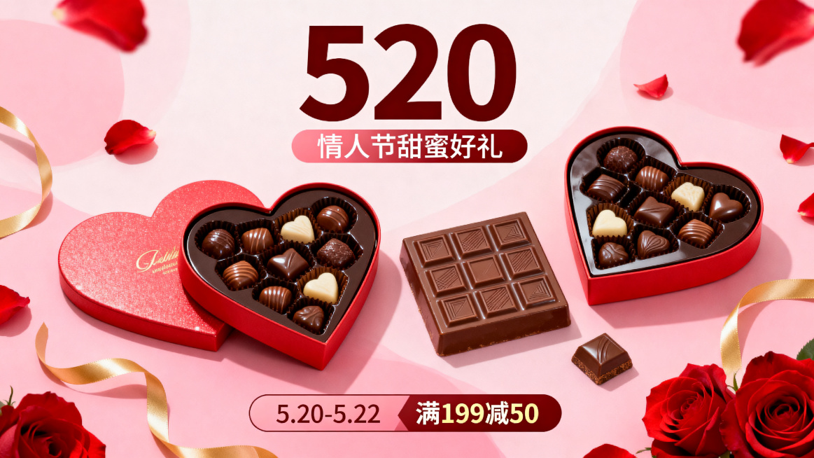 520情人节促销活动海报，主题是巧克力，浪漫甜蜜风格，粉色红色为主色调，带有醒目的“520”标题和巧克力产品展示，氛围温馨浪漫，适合电商活动宣传预览效果