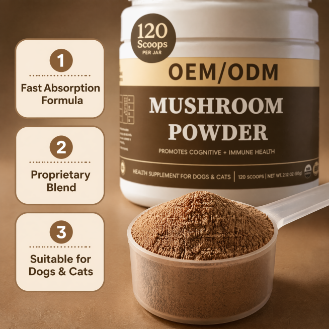 「图片1」，生成电商主图（8张），商品名称OEM Organic Proprietary Mushroom Blend for Dogs Cats Immune Support Cognitive H预览效果