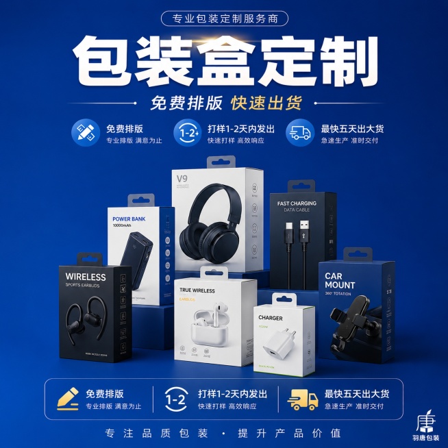 将原竖版包装盒定制海报修改为1:1正方形电商主图，保留所有文案、产品和logo，调整构图和排版适配正方形画布，保持原有深蓝色背景、文字清晰、产品展示完整，风格不变。预览效果