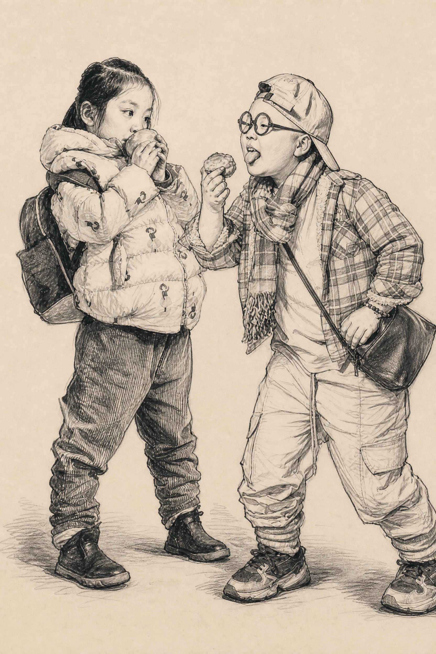 于小冬风格线描速写，偏线描为主适当带明暗调子，参考两张儿童照片… - 图片创意预览