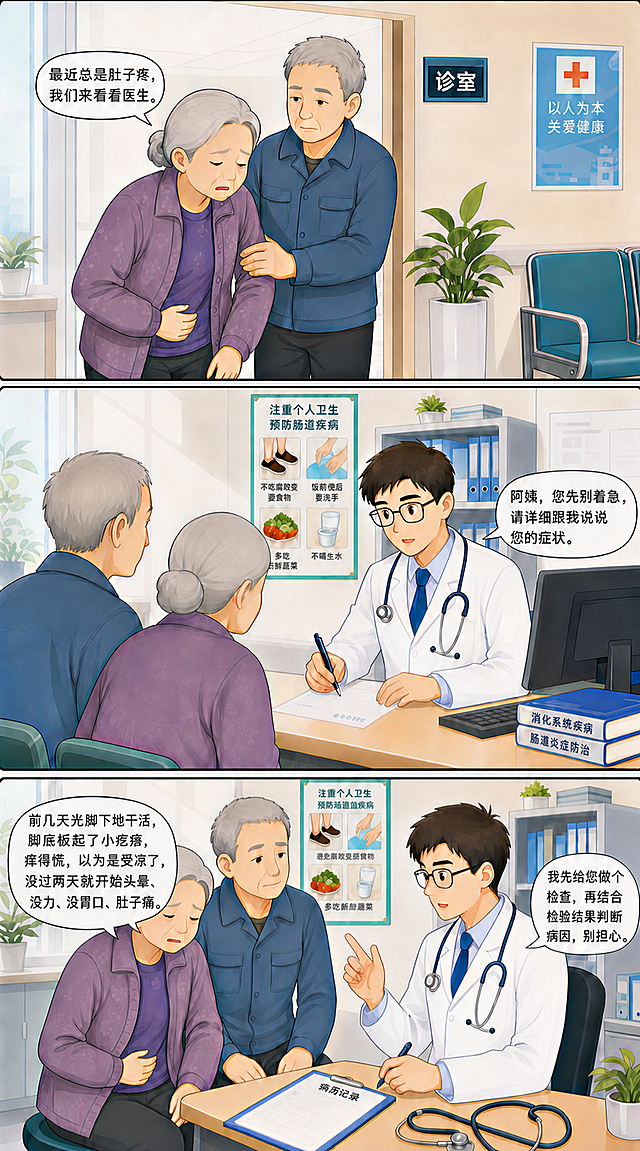 将第三格阿婆的对话框内容修改为：前几天光脚下地干活，脚底板起了小疙瘩，痒得慌，以为是受凉了，没过两天就开始头晕、没力、没胃口、肚子痛。字体保持为思源黑体，保持原有布局、人物、其余文字内容和背景不变