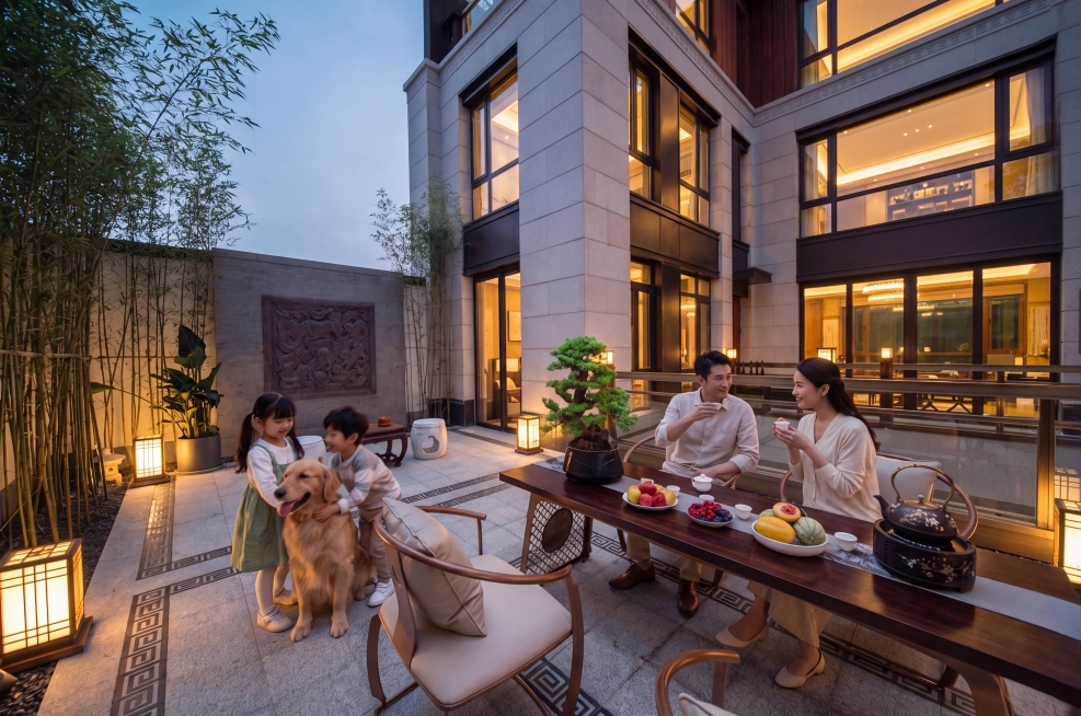 融入参考图的新中式庭院露台场景，去掉中间的餐桌和椅子，修改为夜景氛围，建筑室内灯火通明，春日夜间温馨治愈场景，一家四口休闲互动：父亲、母亲坐藤编椅姿势优雅品茶，木桌上摆放着茶具、茶壶、应季水果；弟弟和预览效果