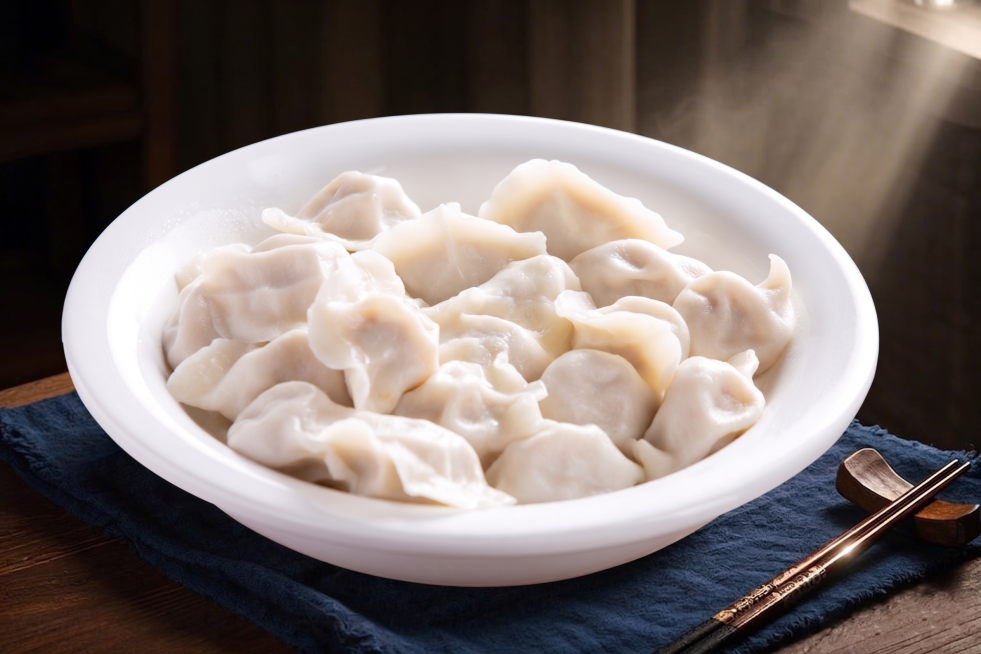 去除这张图片中的所有水印和左下角的编号文字，保留原本的饺子、盘子、背景等所有内容不变，画质保持清晰自然预览效果