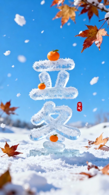 画面中央是冰霜圆润可爱字体形成”立冬” 二字，字体上可以有小小的橘子元素点缀。背景是一片晴朗的蓝天，画面中有白雪和枫叶。立冬字旁“红色小印章”节气“点缀，整体画面色彩明亮预览效果