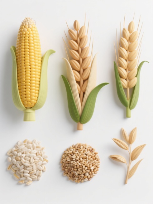 6个不同杂粮谷物（如玉米、小麦、稻谷、高粱、小米、燕麦等）以规整对称方式排布，每个谷物保持高度写实的3D质感，表面细节丰富（如玉米颗粒的饱满纹理、小麦的麦芒质感），色彩鲜艳自然（金黄、浅棕、米白等），搭配绿色叶片等植物部分，整体造型简约现代，置于纯白色纯色背景上，无阴影，无任何文字、logo和水印，画面干净整洁，突出谷物的自然形态和材质感。预览效果