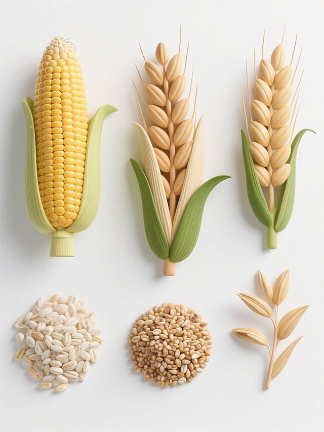 6个不同杂粮谷物（如玉米、小麦、稻谷、高粱、小米、燕麦等）以规整对称方式排布，每个谷物保持高度写实的3D质感，表面细节丰富（如玉米颗粒的饱满纹理、小麦的麦芒质感），色彩鲜艳自然（金黄、浅棕、米白等），搭配绿色叶片等植物部分，整体造型简约现代，置于纯白色纯色背景上，无阴影，无任何文字、logo和水印，画面干净整洁，突出谷物的自然形态和材质感。