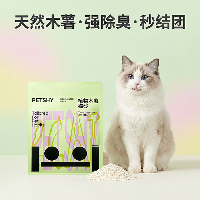 [垫图] https://gd-visitor.dancf.com/tmp02/c32b2758cbb34dad995fedd3a932e1e9/dac9b2610be745e8983db0470d685949.jpg
[主图主题] PETSHY植物木薯猫砂爆款首图
[氛围/风格] 明亮清新电商风，高级通透，干净简约高级，高清写实质感
[画面元素] petshy植物木薯猫砂产品居中展示，主体占比约60%，一只高贵可爱微笑布偶猫安静蹲坐在产品旁，马卡龙浅色系干净背景，无多余杂物，画面整体干净明亮，背景铺满全屏无边框
[配色色系] 主色调：马卡龙浅色系；辅助色：产品本身淡绿色浅粉色，布偶猫自然毛色
[视角构图] 平视，主体居中，景深适中
[文字版式] 大字促销文案"天然木薯 · 强除臭 · 秒结团"，字体为无衬线粗体，颜色深灰色，字号大对比度强，文案悬浮在画面顶部留白区域，不遮挡猫砂产品主体，整体排版简洁主体突出
[分辨率] 2k分辨率