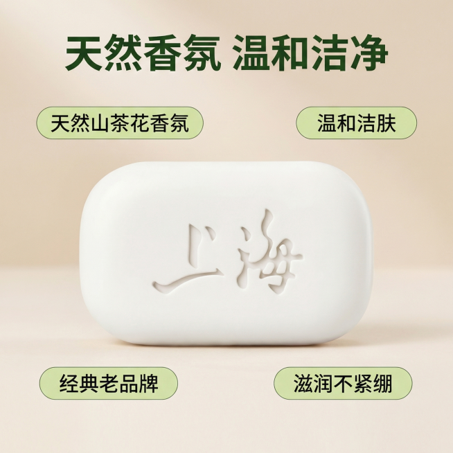 [主图 2] 山茶花香皂核心卖点展示
[氛围/风格] 干净自然，凸显产品品质
[画面元素] 商业摄影质感、光线柔和通透、产品清晰真实、画面干净高级。白色香皂体居中放置，周围环绕四个胶囊形卖点标签，分别预览效果