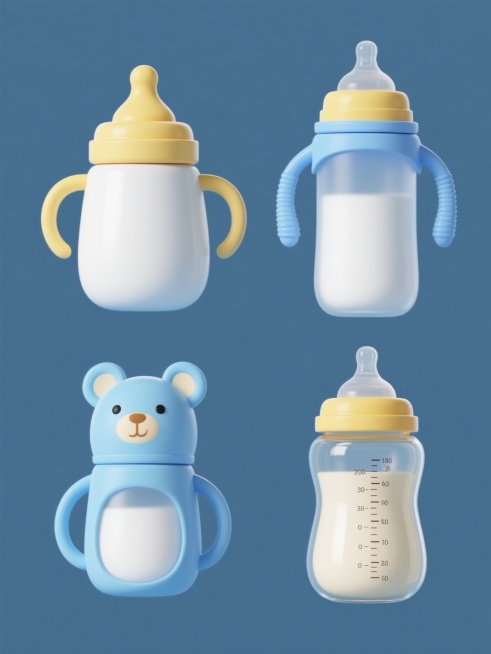 一组4个不同造型的婴儿奶瓶产品展示图，每个奶瓶均保持原有的简约3D塑料质感，柔和的蓝白黄配色方案，光滑的表面处理和清晰的高光阴影表现，采用纯色背景。第一个奶瓶为标准双耳圆肚造型带黄色奶嘴，第二个为宽口径直筒型配蓝色防滑手柄，第三个是带卡通动物耳朵装饰的流线型设计，第四个为带刻度的防胀气弧形奶瓶，四个奶瓶呈2x2网格状规整排布，整体风格统一，突出产品细节和实用功能，适合婴儿用品系列素材使用。预览效果
