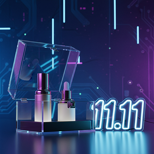赛博朋克风3D渲染，霓虹光影交织，透明玻璃展盒内陈列科技感美妆，未来感十足，呼应双11购物节氛围。
