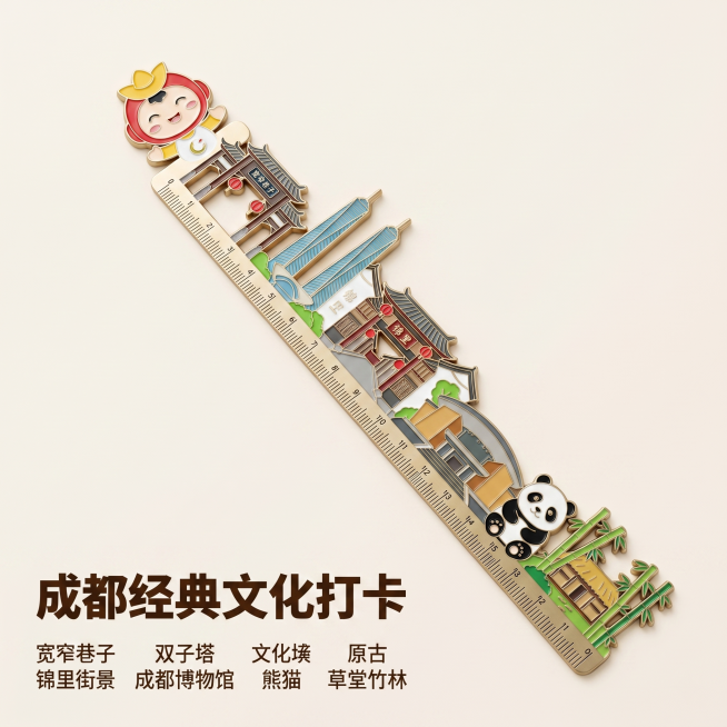 「图片1」，生成一套主图（5张），商品名称是成都微笑-天府云梯尺，卖点是本款尺子以“寓教于乐，探索成都”为核心，将实用文具与趣味互动结合，通过融入成都标志性文化元素和动态说唱俑滑轨装置，让学习测量变得预览效果