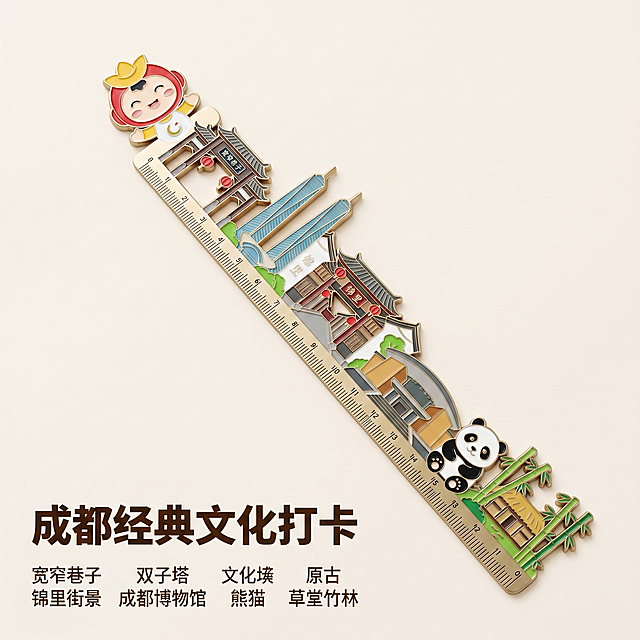 「图片1」，生成一套主图（5张），商品名称是成都微笑-天府云梯尺，卖点是本款尺子以“寓教于乐，探索成都”为核心，将实用文具与趣味互动结合，通过融入成都标志性文化元素和动态说唱俑滑轨装置，让学习测量变得生动有趣，同时传递城市人文魅力。尺子设计弧形滑轨，嵌入绘制的汉代说唱俑卡通形象，滑动时俑体自然晃动，模拟诙谐的表演姿态，激发学生兴趣，缓解学习压力。尺面以明快活泼的色块拼接呈现成都经典文化符号：宽窄巷子、双子塔、锦里的街景、成都博物馆的建筑轮廓、熊猫的萌态、草堂的诗意竹林，通过扁平化设计形成视觉记忆点，兼具审美与教育意义。，风格是小清新治愈风，适配抖音平台，主图比例为1:1