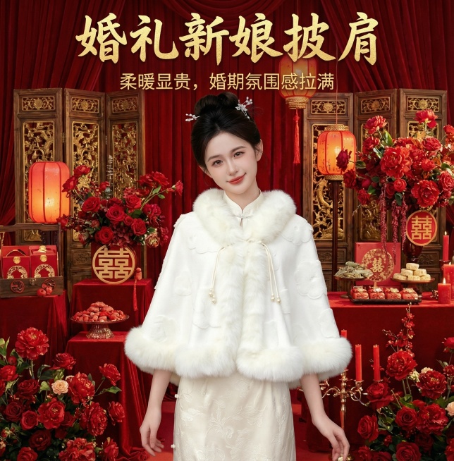 这是一款婚礼新娘披肩，换个背景，喜庆一点，添加【婚礼新娘披肩】【柔暖显贵，婚期氛围感拉满】文字预览效果