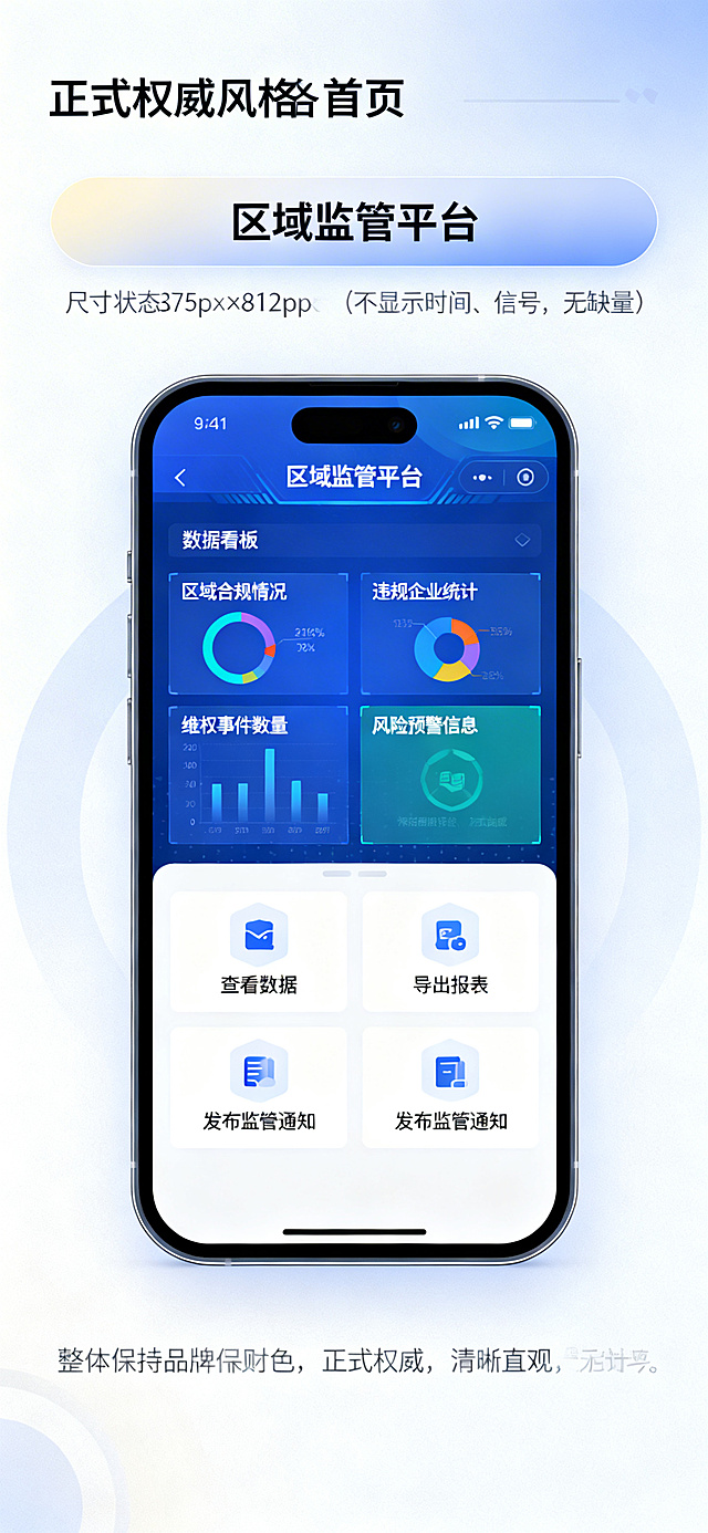 重新生成人社端首页，供监管部门使用，统一尺寸375px × 812px，去掉顶部状态栏不显示时间信号电量，顶部导航栏柔和渐变背景，导航栏完整清晰显示"区域监管平台"标题文字无缺字，页面完整展示数据看板包含区域合规情况、违规企业统计、维权事件数量、风险预警信息，功能区完整功能文字：查看数据、导出报表、发布监管通知，所有文字完整清晰不缺字，整体正式权威清晰直观，保持品牌配色统一页面大小形状