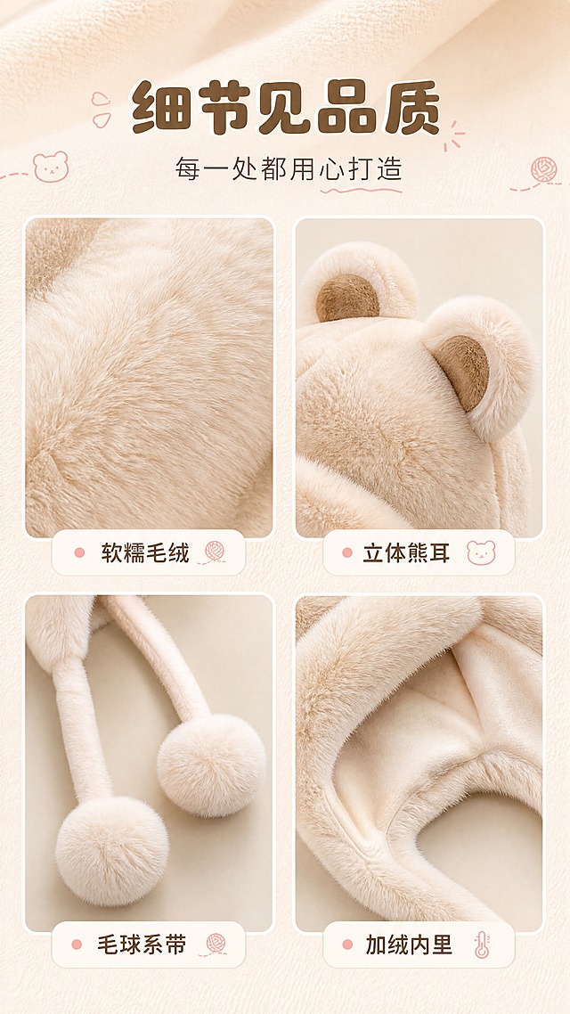 [商品] 使用【图3】【图4】小熊护耳帽细节图；保留毛绒材质纹理、耳朵造型、毛球系带、护耳包边、内里加绒结构；增强毛绒细腻绒感与光泽，毛流整齐，缝线工整，不改变材质与结构。
[画面] 材质细节页，目标展示毛绒质感与工艺细节；采用2×2宫格+顶部标题构图，4个细节特写分别为：左上-帽身毛绒微距质感，右上-小熊耳朵立体造型，左下-毛球系带细节，右下-护耳内里加绒；每个细节图配短标签；背景为浅米色细腻织物质感底。
[视觉] 套系策略：风格=清新明亮简约秋冬暖调商业摄影；标题字=圆润可爱无衬线粗体；正文字=简洁无衬线体；主色=奶白+暖棕；背景延展=基于暖棕、奶白做深浅层级、同色渐变和细腻木纹/织物质感；强调色=奶茶粉，仅用于小面积图标、引线和标签点缀；标题色=深暖棕；正文色=中暖灰；组件=圆角浅底信息卡、细线引线、可爱小图标；光影=柔和侧光突出毛绒立体感，每格细节光影统一。
[文字] 顶部主标题"细节见品质"，副标题"每一处都用心打造"；4个宫格各配1个短标签横排于图下方：「软糯毛绒」「立体熊耳」「毛球系带」「加绒内里」；标签用圆角浅底卡片样式，文字清晰可读。
[规格] 图片比例9:16竖版，4K，避免变形、错字、文字过小、冷蓝背景、材质失真、极限词。