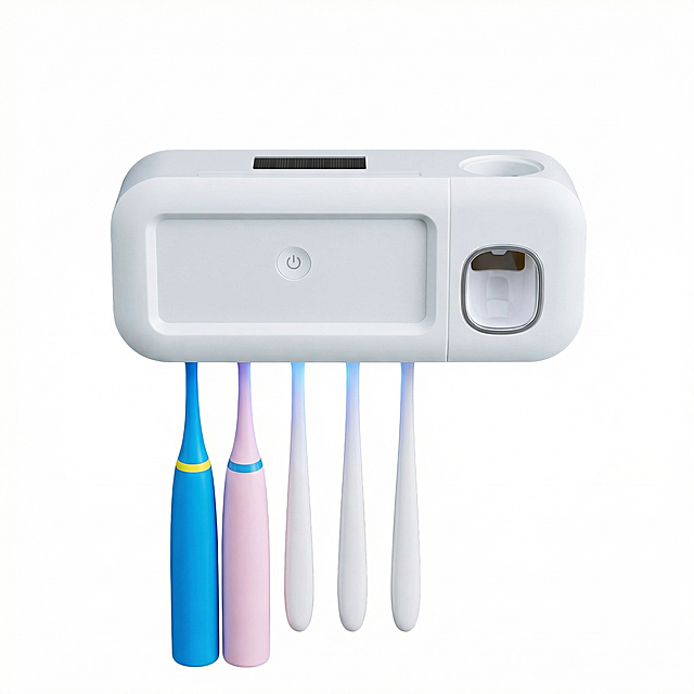 【最高指令】：本次任务仅为更换纯白背景与画质精修，绝对严禁对产品进行任何形式的重新设计、打乱重组或结构变形。必须 100% 像素级保留原图中所有商品元素的数量、形态以及它们之间的相对位置关系。
产品主体位于画面绝对正中心，垂直居中，水平居中，产品主体占据整个画面的 60%-80%，顶部空白区域与底部空白区域高度严格相等，严禁偏下，严禁贴边，严禁切图。前侧视角，微俯拍视角。对存在歪斜或透视畸变的商品进行智能扶正与透视矫正，确保呈现端正的电商标准视角，严禁镜像翻转。
保留1个白色塑料紫外线智能壁挂牙刷消毒器产品主体，保留其按键、太阳能充电板、牙刷位、自动挤牙膏口关键细节特征。

专业商业摄影，顶级布光，高调白底。采用“底部穿透光”逻辑彻底消除投影，严禁残留任何落地影或接触影。利用“光线自然衰减”界定物体边缘，防止底部过曝。严禁出现生硬描边、发光轮廓或割裂感。边缘清晰但过渡自然，与背景严格分离。同时保留物体自身的体积感与闭塞点，确保真实存在而非贴纸。

无杂物，去除手部干扰，去除手指遮挡，保留原图色相，保持物理结构完整，严禁变形，材质质感增强，去除不规则皱褶，物体表面油润光泽，商业级精修，轮廓光，8k高清，严禁裁剪主体，保留完整边缘
红线：严禁改变接口/按键布局
再次强调：产品绝对居中，上下留白相等。必须将主体与背景完全物理剥离（抠图级剥离），非主体区域的背景像素必须 100% 强制覆写为 #FFFFFF 纯白，绝对纯净无杂色，不受任何环境光影响；智能瑕疵修复，全新成色，无瑕疵，无污渍，去除灰尘划痕，平整所有布面/皮面褶皱，消除使用痕迹，表面平整光滑，商业级精修，细节清晰锐利。