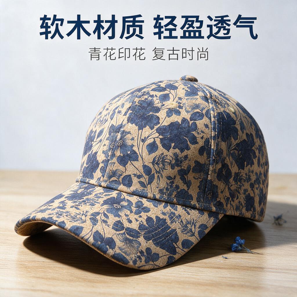 [主图-2] 印花软木鸭舌帽45度侧面静物展示，突出软木材质纹… - 图片创意预览